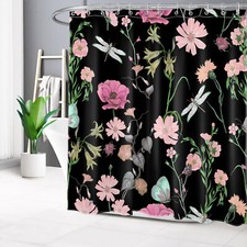 Teal Blue Butterfly Pink Floral Black Shower Curtain Set for Bathroom Decor — custom printed polyester bath curtain