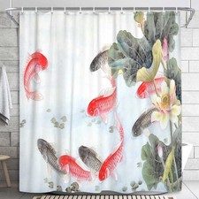 Fish Chinoiserie Japanese style Fabric Shower Curtain Extra Long Curtains Bath — custom printed polyester bath curtain