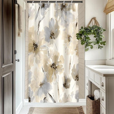 Boho Floral Shower Curtain Beige and Gray Flower Bathroom Decor Set Watercolor P — custom printed polyester bath curtain