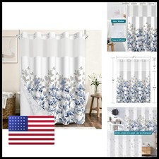 NAEMBCU No Hook Shower Curtain Liner Set Watercolor Blue Gray Botanical Leaf — custom printed polyester bath curtain