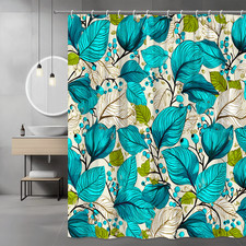 Blue Teal Leaf Print Shower Curtain Botanical Abstract — custom printed polyester bath curtain