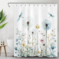 Spring Dragonfly Dandelion Blue Floral Shower Curtain Bathroom Accessories Set — custom printed polyester bath curtain