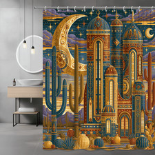 Boho Desert Cityscape Shower Curtain with Cacti and Moon — custom printed polyester bath curtain