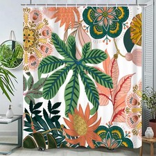 Boho Floral Bathroom Shower Curtain - Tropical Green Leaves, Pink Flowers - W... — custom printed polyester bath curtain