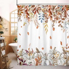 Fall Pumpkin Shower Curtain, Thanksgiving Maple Leaf Farmhouse Autumn Harvest... — custom printed polyester bath curtain
