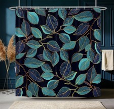 Teal Leaves Shower Curtain, Chic Plant Leaf Printed Black Bathroom Shower Cur... — custom printed polyester bath curtain