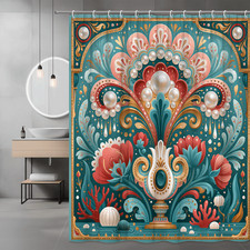 Ocean Floral Shower Curtain, Teal Coral Pearl Shell Graphic Print — custom printed polyester bath curtain