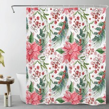Winter Red Berries Pink Floral Christmas Shower Curtain Set for Bathroom Decor — custom printed polyester bath curtain