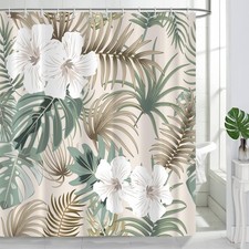 Tropical Shower Curtain Set with Green Palm Leaves and Hooks for Bathroom Decor — custom printed polyester bath curtain