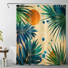 Mid Century Tropical Plant Green Leaf Shower Curtain Set for Bathroom Decor — custom printed polyester bath curtain