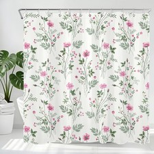 Rustic Wildflower Green Leaf Pink Floral Shower Curtain Bathroom Accessories Set — custom printed polyester bath curtain