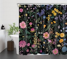 Green Leaf Colorful Wildflower Black Shower Curtain Set for Bathroom Decor — custom printed polyester bath curtain