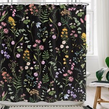Black Floral Shower Curtain 60x72 Cute Wildflowers Bathroom Decor — custom printed polyester bath curtain