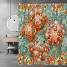 Abstract Floral Bubble Shower Curtain, Teal and Coral Print — custom printed polyester bath curtain