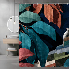 Abstract Leaf Mouse Shower Curtain Blue Teal Coral Print — custom printed polyester bath curtain