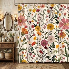 Boho Vintage Floral Shower Curtain, Wildflower Flower Beige Botanical Plant L... — custom printed polyester bath curtain