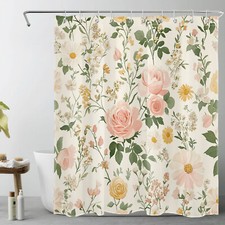 Green Leaf Yellow Daisy Flower Pink Floral Shower Curtain Set for Bathroom Decor — custom printed polyester bath curtain