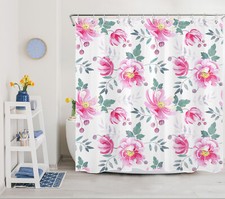 Nature Botanical Green Leaf Pink Floral Shower Curtain Set for Bathroom Decor — custom printed polyester bath curtain