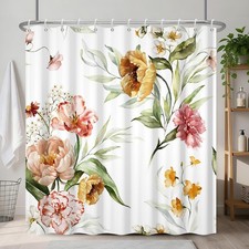 Yellow Pink Floral Shower Curtain Watercolor Flower Leaves Hooks 72x72 Inch — custom printed polyester bath curtain