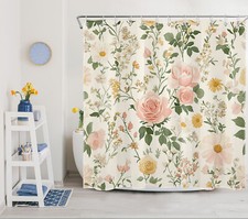 Green Leaf Pink Rose Yellow Wildflower Shower Curtain Set for Bathroom Decor — custom printed polyester bath curtain