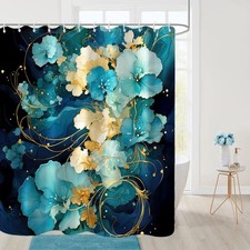 Blue Shower Curtain, 72x84 Inch, Teal, Yellow Flowers, Abstract Navy, Hooks — custom printed polyester bath curtain