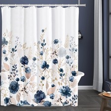 Navy Blue Floral Shower Curtain Watercolor Gold Flowers Bathroom Mat 71x78 In — custom printed polyester bath curtain