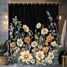 Boho Floral Shower Curtain, Vintage Cottagecore 72"W x 72"L (Pack of 1) Black — custom printed polyester bath curtain