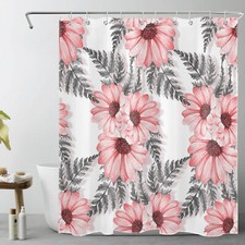 Tropical Plant Grey Leaf Pink Daisy Flower Shower Curtain Set for Bathroom Decor — custom printed polyester bath curtain