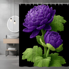 Purple Floral Shower Curtain, Green Leaves on Black Background — custom printed polyester bath curtain