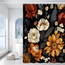 Black Boho Floral Shower Curtain Colorful Vintage Blossom Rustic Bathroom Decor — custom printed polyester bath curtain