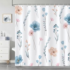 Watercolor Floral Shower Curtain, Blue Pink Flower Leaves Modern Minimalist S... — custom printed polyester bath curtain