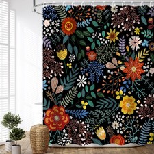 Black Floral Shower Curtain for Bathroom - Dark, Colorful, Unique Boho Set wi... — custom printed polyester bath curtain