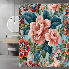Floral Shower Curtain Pink Blue Bird Vintage Style Print — custom printed polyester bath curtain