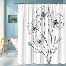 Floral Black and White Shower Curtain, Elegant Bathroom Decor — custom printed polyester bath curtain