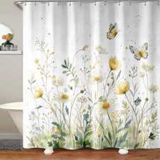Yellow Wildflower Shower Curtain for Bathroom, Spring Floral Botanical Fabric Sh — custom printed polyester bath curtain