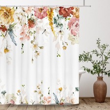 Blooming Floral Shower Curtain Yellow Red Flowers Waterproof Fabric 72x78 Inch — custom printed polyester bath curtain