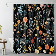 Plant Green Leaf Orange Wildflower Black Shower Curtain Set for Bathroom Decor — custom printed polyester bath curtain