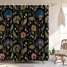 Vintage Floral Shower Curtain for Bathroom, Rustic Farmhouse Black and Teal Sage — custom printed polyester bath curtain