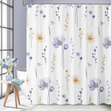 72x72 Inch Blue Orange Watercolor Floral Shower Curtain Minimalist Bath — custom printed polyester bath curtain