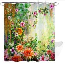 Floral Shower Curtain Watercolor Abstract Flowers Meadow Green Leaves 72X72 — custom printed polyester bath curtain