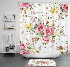 Retro Farmhouse Green Leaf Pink Floral Shower Curtain Set for Bathroom Decor — custom printed polyester bath curtain