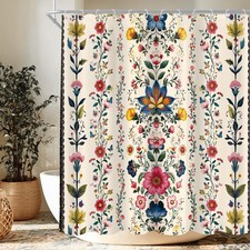 Boho Floral Flower Vintage Beige Bohemian Girls Bathroom Shower Curtain Set — custom printed polyester bath curtain
