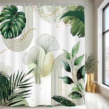 Sage Green Boho Shower Curtain Modern Abstract Tropical Bathroom Decor — custom printed polyester bath curtain