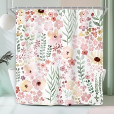 Cute Pink Green Floral Spring Boho Kids Girls Bathroom Shower Curtain Set — custom printed polyester bath curtain