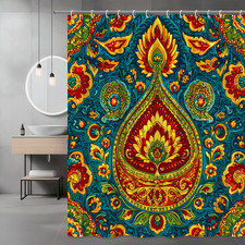 Boho Paisley Floral Shower Curtain Teal Orange Abstract Print — custom printed polyester bath curtain