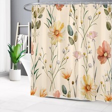 Rustic Plant Leaf Yellow Wildflower Beige Shower Curtain Set for Bathroom Decor — custom printed polyester bath curtain