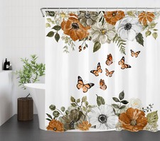 Vintage Floral and Butterfly on White Shower Curtain Bathroom Accessories Set — custom printed polyester bath curtain