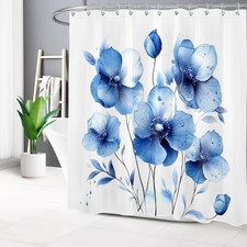Farmhouse Botanical Leaf Blue Floral Shower Curtain Set for Bathroom Decor — custom printed polyester bath curtain