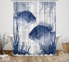 Fish Shower Curtain Blue Fish Ocean Theme Nautical Coastal Decor Waterproof B... — custom printed polyester bath curtain