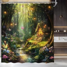 Whimsical Fairy Shower Curtain with Enchanted Forest and Waterfall Design — custom printed polyester bath curtain